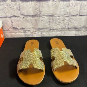 Women's Tan Slide Sandals with Rhinestone Detailing